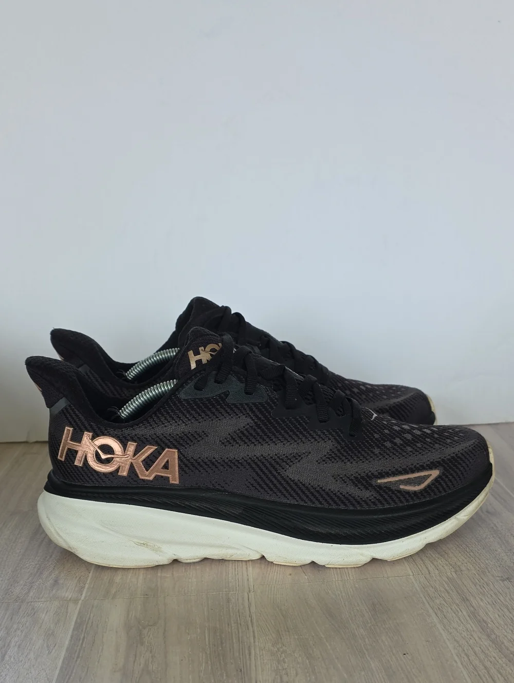 HOKA Women's Black Running Shoes with Rose Gold Logo